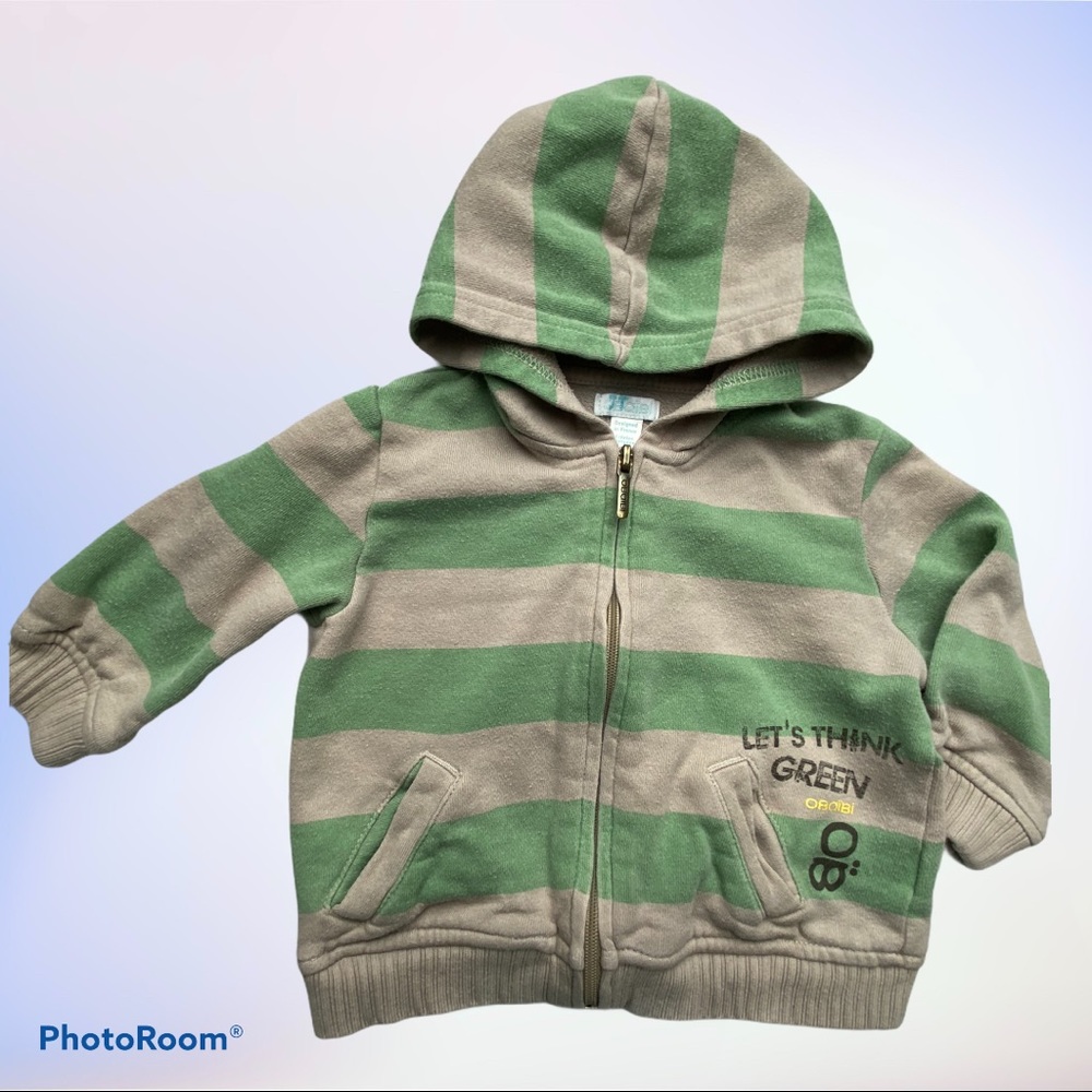 Obaibi Sweatshirt Boys 12 Months Green Grey Zip Up Front Striped Hoodie